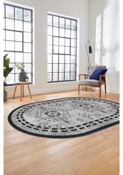 Dijital Kaymaz Yıkanabilir Etnik Desen Oval Yolluk Mutfak Salon Halısı, O-Etnik-03-Gri, fiyatları