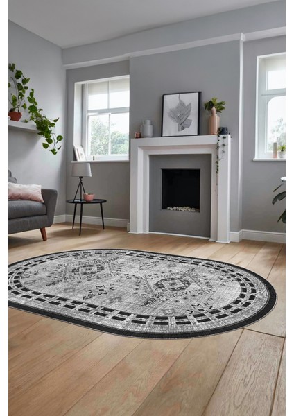Dijital Kaymaz Yıkanabilir Etnik Desen Oval Yolluk Mutfak Salon Halısı, O-Etnik-03-Gri, fırsatları