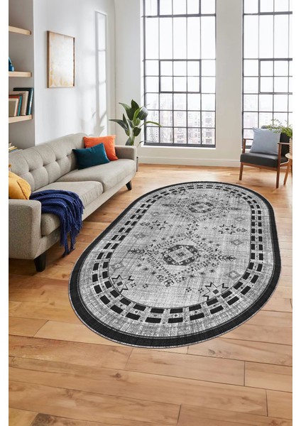 Dijital Kaymaz Yıkanabilir Etnik Desen Oval Yolluk Mutfak Salon Halısı, O-Etnik-03-Gri, indirimleri
