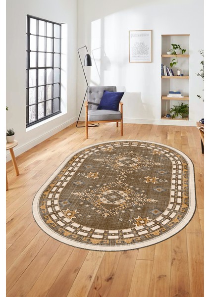 Dijital Kaymaz Yıkanabilir Etnik Desen Oval Yolluk Mutfak Salon Halısı, O-Etnik-03-Kahve,