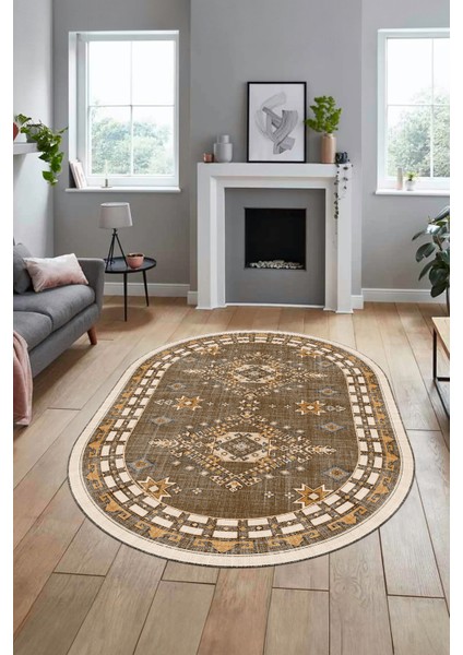 Dijital Kaymaz Yıkanabilir Etnik Desen Oval Yolluk Mutfak Salon Halısı, O-Etnik-03-Kahve, modelleri