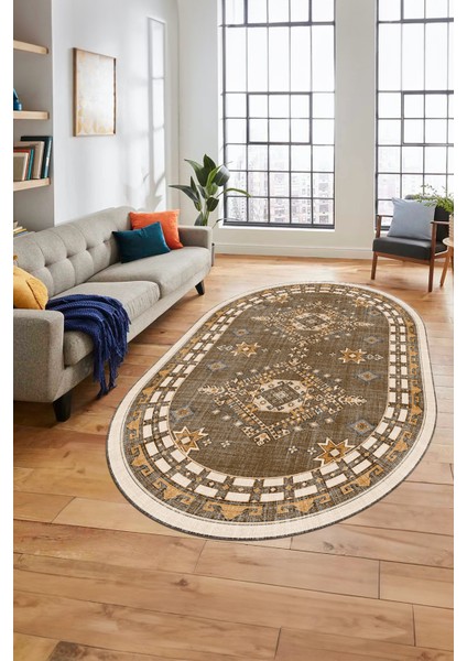 Dijital Kaymaz Yıkanabilir Etnik Desen Oval Yolluk Mutfak Salon Halısı, O-Etnik-03-Kahve, indirimleri