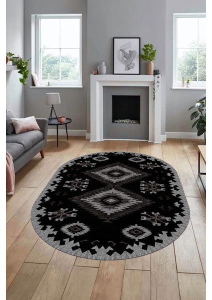 Dijital Kaymaz Yıkanabilir Etnik Desenli Oval Yolluk Mutfak Salon Halısı, O-Etnik-02-Antrasit,