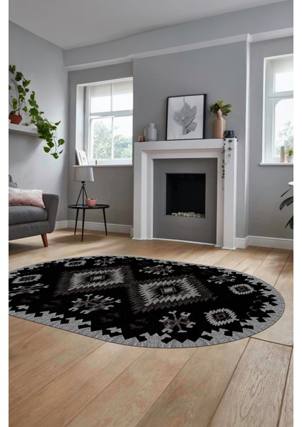 Dijital Kaymaz Yıkanabilir Etnik Desenli Oval Yolluk Mutfak Salon Halısı, O-Etnik-02-Antrasit,