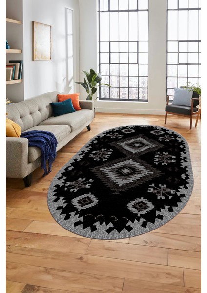 Dijital Kaymaz Yıkanabilir Etnik Desenli Oval Yolluk Mutfak Salon Halısı, O-Etnik-02-Antrasit,