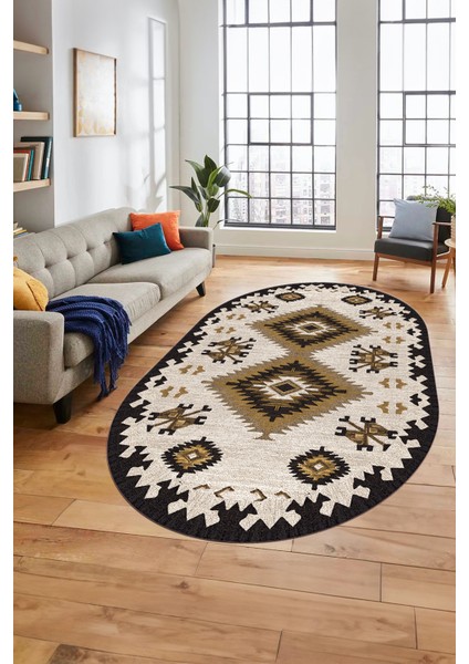 Dijital Kaymaz Yıkanabilir Etnik Desenli Oval Yolluk Mutfak Salon Halısı, O-Etnik-02-Kahve, indirimleri