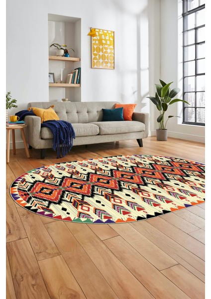 Renkli Etnik Desenli Dijital Kaymaz Yıkanabilir Oval Yolluk Mutfak Salon Halısı, O-Etnik-06-Renkli, fırsatları