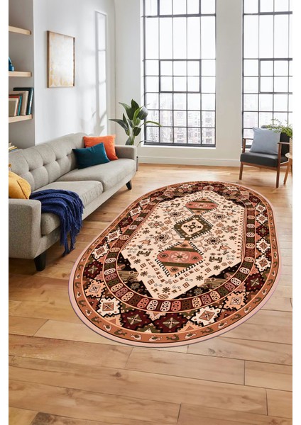 Etnik Klasik Desenli Dijital Baskılı Kaymaz Yıkanabilir Oval Yolluk Salon Halısı, O-Etnik-07-Bej, modelleri