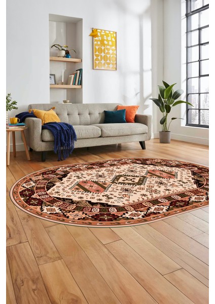 Etnik Klasik Desenli Dijital Baskılı Kaymaz Yıkanabilir Oval Yolluk Salon Halısı, O-Etnik-07-Bej, fırsatları