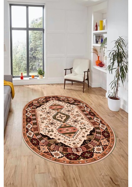 Etnik Klasik Desenli Dijital Baskılı Kaymaz Yıkanabilir Oval Yolluk Salon Halısı, O-Etnik-07-Bej, indirimleri