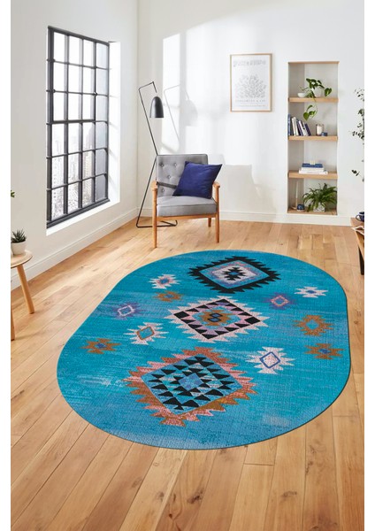 Dijital Baskılı Kaymaz Yıkanabilir Etnik Desenli Oval Mutfak Salon Halısı, O-Etnik-01-Mavi,
