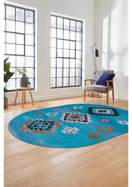 Dijital Baskılı Kaymaz Yıkanabilir Etnik Desenli Oval Mutfak Salon Halısı, O-Etnik-01-Mavi, fiyatları