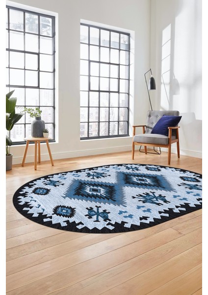 Dijital Kaymaz Yıkanabilir Etnik Desenli Oval Yolluk Mutfak Salon Halısı, O-Etnik-02-Mavi, fiyatları