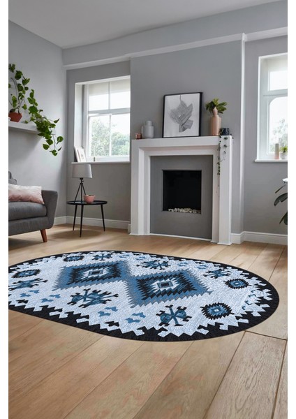 Dijital Kaymaz Yıkanabilir Etnik Desenli Oval Yolluk Mutfak Salon Halısı, O-Etnik-02-Mavi, fırsatları