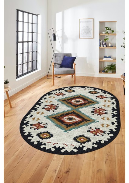 Dijital Kaymaz Yıkanabilir Etnik Desenli Oval Yolluk Mutfak Salon Halısı, O-Etnik-02-Renkli,