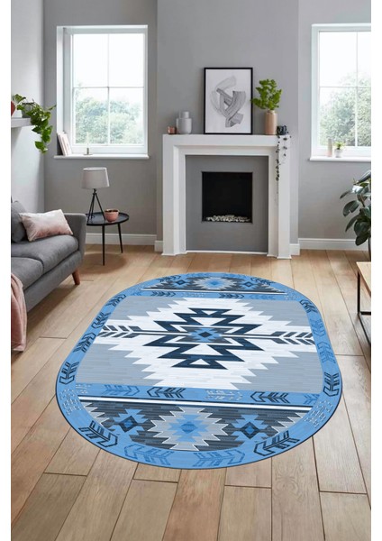 Etnik Desenli Dijital Baskılı Kaymaz Yıkanabilir Oval Yolluk Mutfak Salon Halısı, O-Etnik-05-Mavi, fiyatları