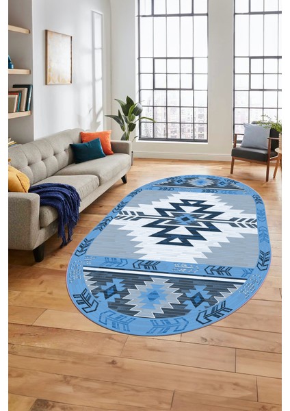 Etnik Desenli Dijital Baskılı Kaymaz Yıkanabilir Oval Yolluk Mutfak Salon Halısı, O-Etnik-05-Mavi, fırsatları