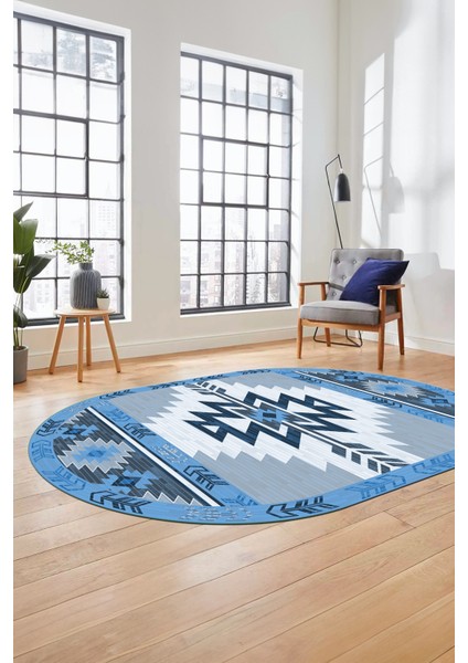 Etnik Desenli Dijital Baskılı Kaymaz Yıkanabilir Oval Yolluk Mutfak Salon Halısı, O-Etnik-05-Mavi,