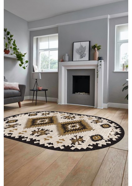 Dijital Kaymaz Yıkanabilir Etnik Desenli Oval Yolluk Mutfak Salon Halısı, O-Etnik-02-Kahve, fırsatları