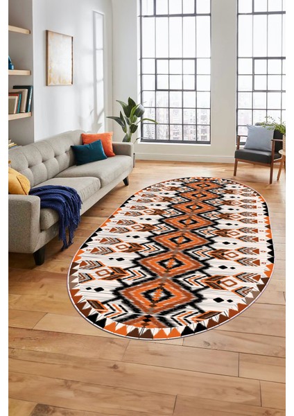Renkli Etnik Desenli Dijital Kaymaz Yıkanabilir Oval Yolluk Mutfak Salon Halısı, O-Etnik-06-Turuncu, modelleri