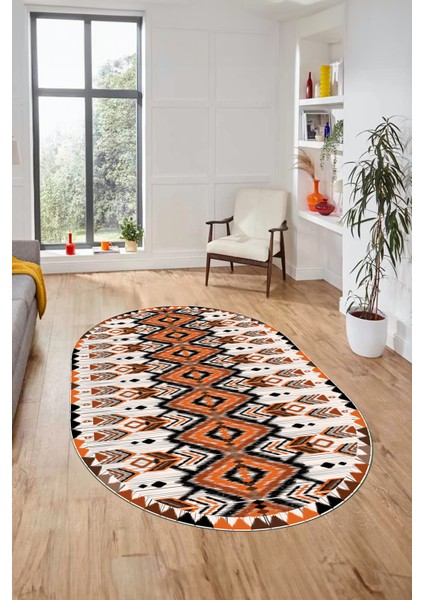 Renkli Etnik Desenli Dijital Kaymaz Yıkanabilir Oval Yolluk Mutfak Salon Halısı, O-Etnik-06-Turuncu, indirimleri