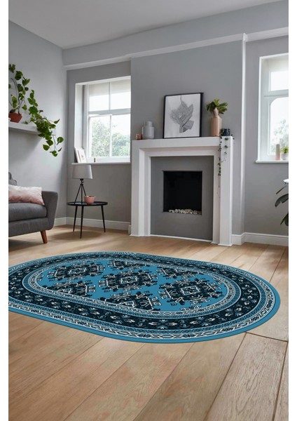 Dijital Kaymaz Yıkanabilir Şık Etnik Desen Oval Yolluk Mutfak Salon Halısı, O-Etnik-04-Mavi,