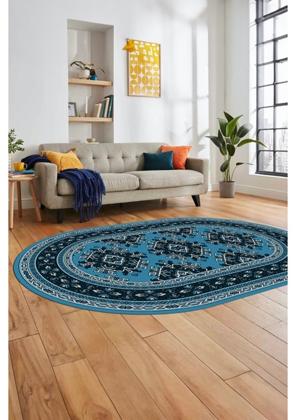 Dijital Kaymaz Yıkanabilir Şık Etnik Desen Oval Yolluk Mutfak Salon Halısı, O-Etnik-04-Mavi,
