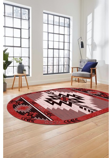 Etnik Desenli Dijital Baskılı Kaymaz Yıkanabilir Oval Yolluk Mutfak Salon Halısı, O-Etnik-05-Bordo,