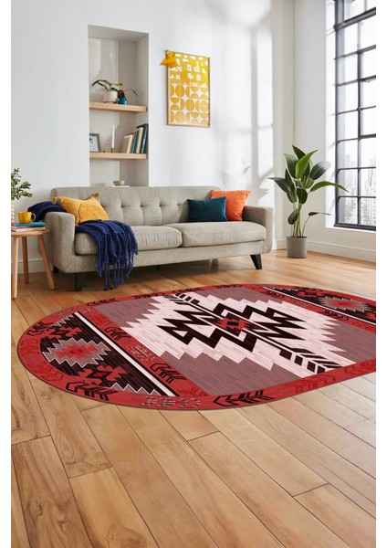 Etnik Desenli Dijital Baskılı Kaymaz Yıkanabilir Oval Yolluk Mutfak Salon Halısı, O-Etnik-05-Bordo, indirimleri