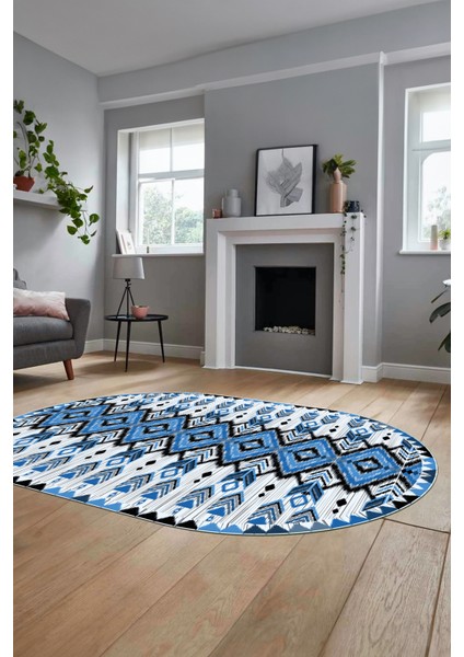 Renkli Etnik Desenli Dijital Kaymaz Yıkanabilir Oval Yolluk Mutfak Salon Halısı, O-Etnik-06-Mavi, modelleri