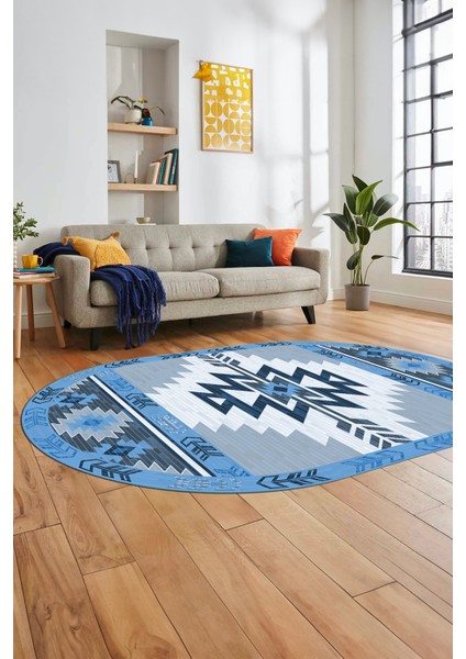 Etnik Desenli Dijital Baskılı Kaymaz Yıkanabilir Oval Yolluk Mutfak Salon Halısı, O-Etnik-05-Mavi, indirimleri