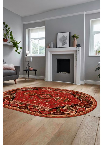 Etnik Klasik Desenli Dijital Baskılı Kaymaz Yıkanabilir Oval Yolluk Salon Halısı, O-Etnik-07-Kırmızı, fiyatları