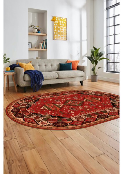 Etnik Klasik Desenli Dijital Baskılı Kaymaz Yıkanabilir Oval Yolluk Salon Halısı, O-Etnik-07-Kırmızı, fırsatları