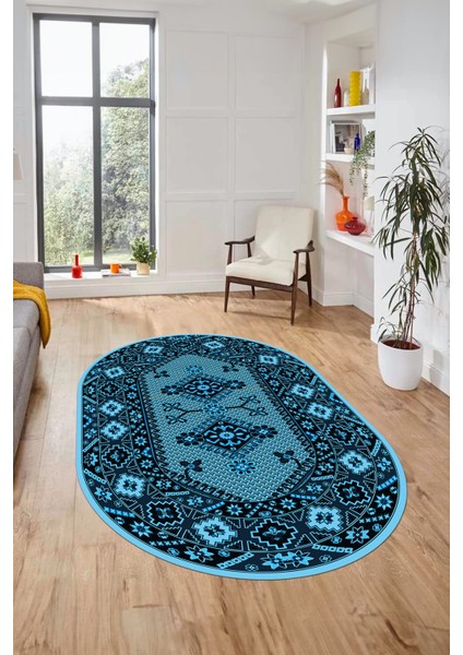 Şık Tasarım Etnik Desenli Dijital Kaymaz Yıkanabilir Oval Yolluk Salon Halısı, O-Etnik-08-Mavi, indirimleri