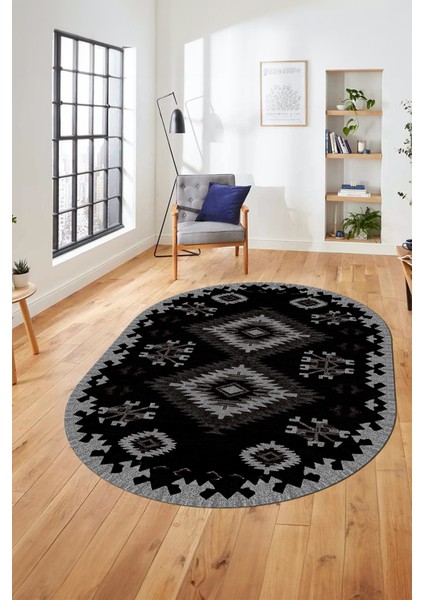 Dijital Kaymaz Yıkanabilir Etnik Desenli Oval Yolluk Mutfak Salon Halısı, O-Etnik-02-Antrasit,