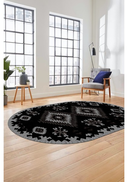 Dijital Kaymaz Yıkanabilir Etnik Desenli Oval Yolluk Mutfak Salon Halısı, O-Etnik-02-Antrasit, fiyatları