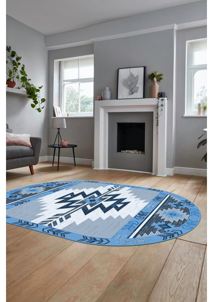 Etnik Desenli Dijital Baskılı Kaymaz Yıkanabilir Oval Yolluk Mutfak Salon Halısı, O-Etnik-05-Mavi, modelleri