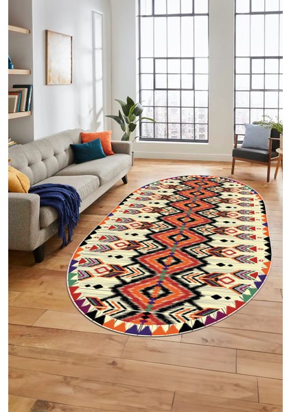 Renkli Etnik Desenli Dijital Kaymaz Yıkanabilir Oval Yolluk Mutfak Salon Halısı, O-Etnik-06-Renkli, modelleri