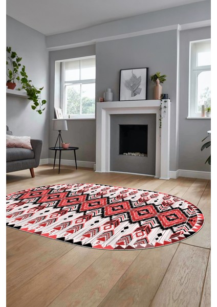Renkli Etnik Desenli Dijital Kaymaz Yıkanabilir Oval Yolluk Mutfak Salon Halısı, O-Etnik-06-Kırmızı, modelleri