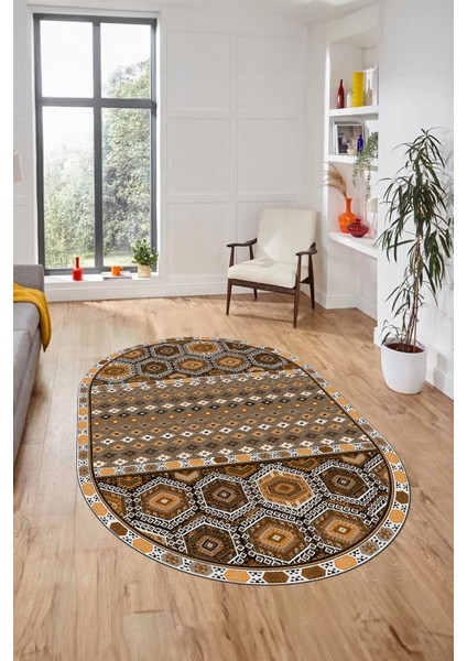 Dijital Kaymaz Yıkanabilir Şık Etnik Desenli Oval Yolluk Mutfak Salon Halısı, O-Etnik-13-Kahve, modelleri