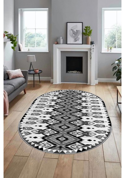 Renkli Etnik Desenli Dijital Kaymaz Yıkanabilir Oval Yolluk Mutfak Salon Halısı, O-Etnik-06-Gri, fiyatları