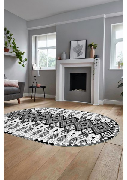 Renkli Etnik Desenli Dijital Kaymaz Yıkanabilir Oval Yolluk Mutfak Salon Halısı, O-Etnik-06-Gri, modelleri