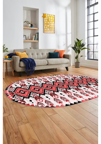 Renkli Etnik Desenli Dijital Kaymaz Yıkanabilir Oval Yolluk Mutfak Salon Halısı, O-Etnik-06-Kırmızı, indirimleri