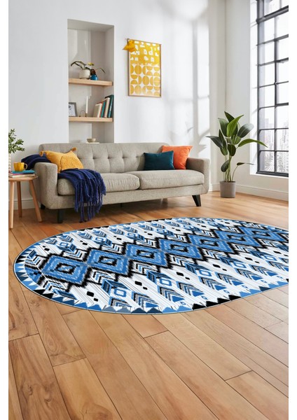 Renkli Etnik Desenli Dijital Kaymaz Yıkanabilir Oval Yolluk Mutfak Salon Halısı, O-Etnik-06-Mavi, indirimleri
