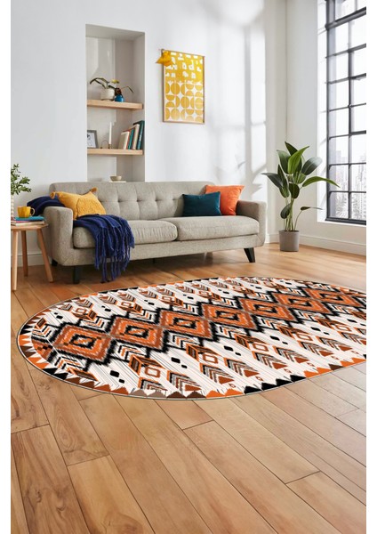 Renkli Etnik Desenli Dijital Kaymaz Yıkanabilir Oval Yolluk Mutfak Salon Halısı, O-Etnik-06-Turuncu, fırsatları