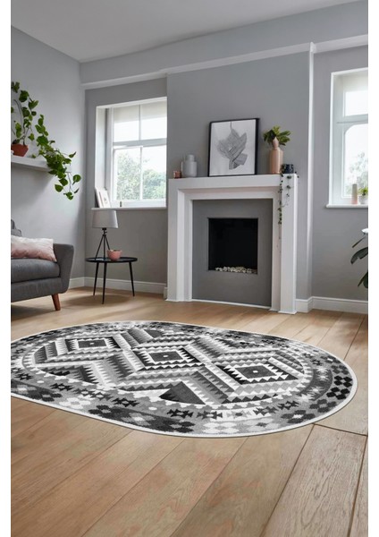 Modern Tasarım Etnik Desen Dijital Kaymaz Yıkanabilir Oval Yolluk Salon Halısı, O-Etnik-09-Gri,