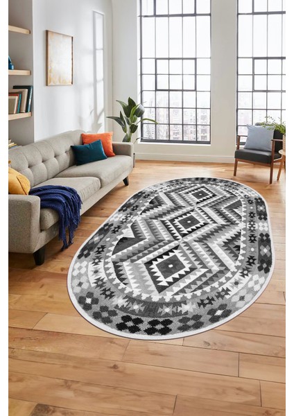 Modern Tasarım Etnik Desen Dijital Kaymaz Yıkanabilir Oval Yolluk Salon Halısı, O-Etnik-09-Gri, fiyatları