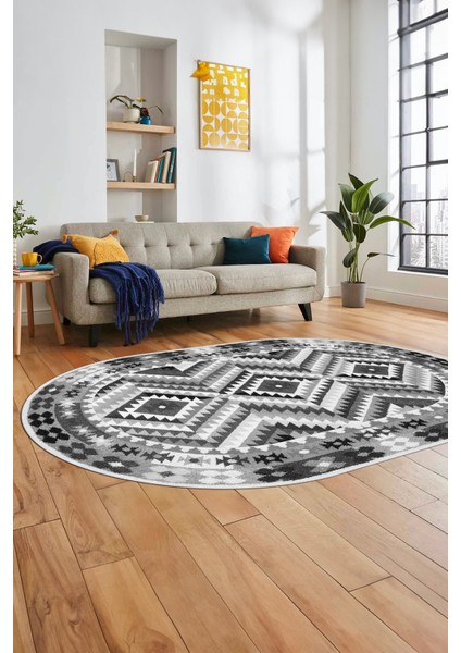 Modern Tasarım Etnik Desen Dijital Kaymaz Yıkanabilir Oval Yolluk Salon Halısı, O-Etnik-09-Gri, modelleri