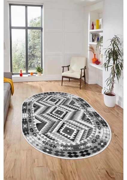 Modern Tasarım Etnik Desen Dijital Kaymaz Yıkanabilir Oval Yolluk Salon Halısı, O-Etnik-09-Gri, fırsatları