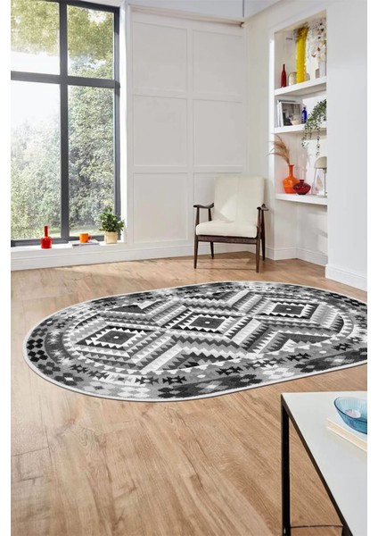 Modern Tasarım Etnik Desen Dijital Kaymaz Yıkanabilir Oval Yolluk Salon Halısı, O-Etnik-09-Gri, indirimleri